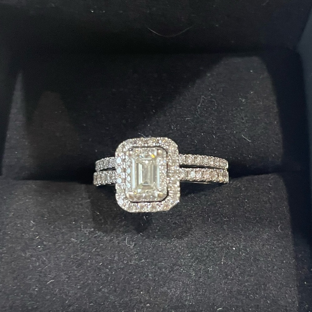 Vera Wang Silver Halo Ring with Emerald-Cut Stone